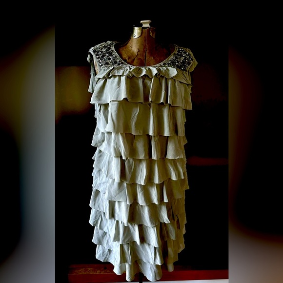 Zara Woman gray, silver hand beaded 1920s flapper style silk dress M - Picture 1 of 9